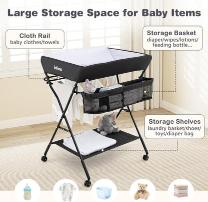 Baby Changing Table with Wheels, Portable Folding Diaper Station Nursery Organizer with Storage Basket, Hanging Rack, Adjustable Height, Safety Belt for Newborn Infant (Gray)