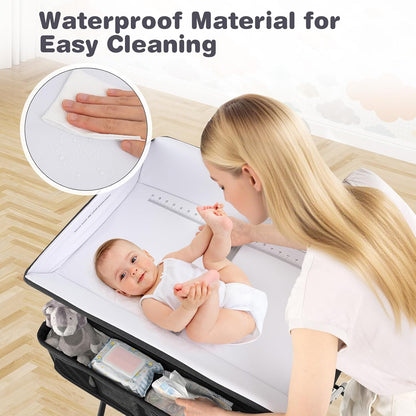 Baby Changing Table with Wheels, Portable Folding Diaper Station Nursery Organizer with Storage Basket, Hanging Rack, Adjustable Height, Safety Belt for Newborn Infant (Gray)