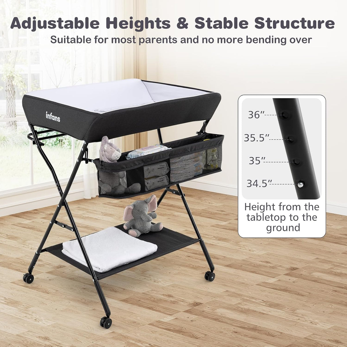 Baby Changing Table with Wheels, Portable Folding Diaper Station Nursery Organizer with Storage Basket, Hanging Rack, Adjustable Height, Safety Belt for Newborn Infant (Gray)