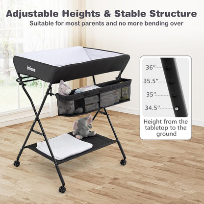 Baby Changing Table with Wheels, Portable Folding Diaper Station Nursery Organizer with Storage Basket, Hanging Rack, Adjustable Height, Safety Belt for Newborn Infant (Gray)