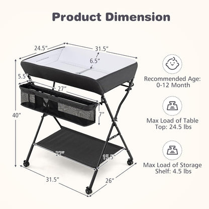 Baby Changing Table with Wheels, Portable Folding Diaper Station Nursery Organizer with Storage Basket, Hanging Rack, Adjustable Height, Safety Belt for Newborn Infant (Gray)