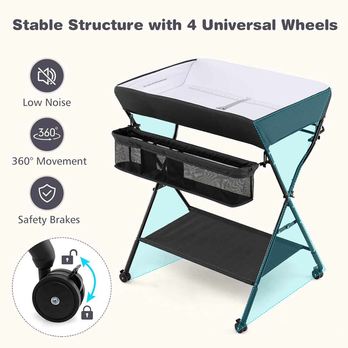 Baby Changing Table with Wheels, Portable Folding Diaper Station Nursery Organizer with Storage Basket, Hanging Rack, Adjustable Height, Safety Belt for Newborn Infant (Gray)