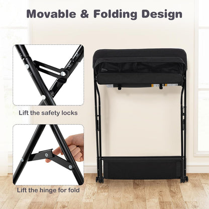 Baby Changing Table with Wheels, Portable Folding Diaper Station Nursery Organizer with Storage Basket, Hanging Rack, Adjustable Height, Safety Belt for Newborn Infant (Gray)