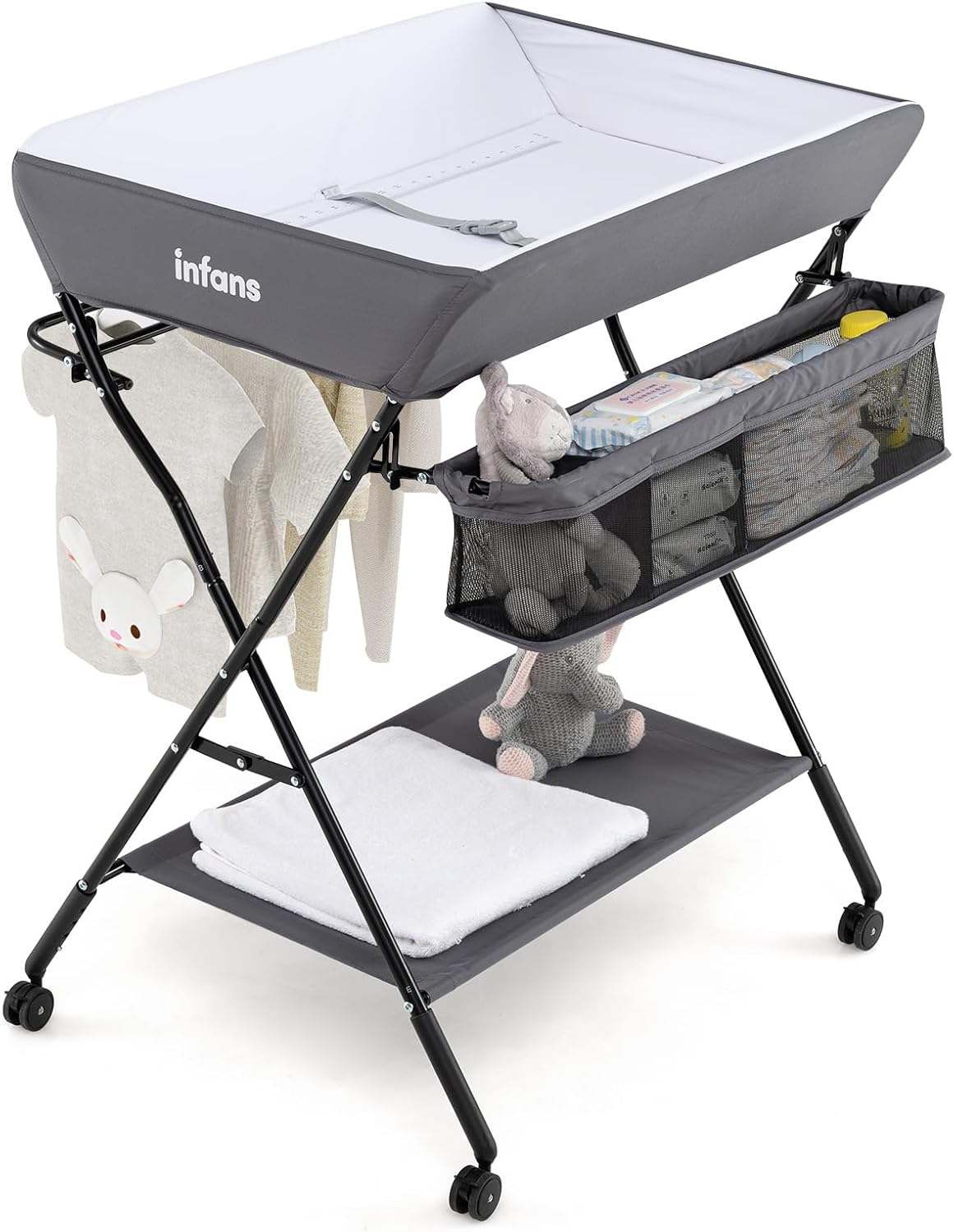 Baby Changing Table with Wheels, Portable Folding Diaper Station Nursery Organizer with Storage Basket, Hanging Rack, Adjustable Height, Safety Belt for Newborn Infant (Gray)