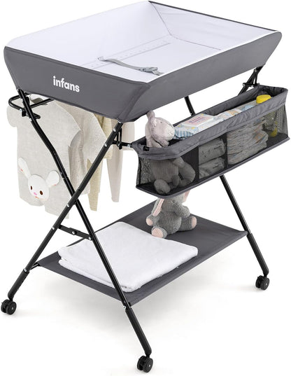 Baby Changing Table with Wheels, Portable Folding Diaper Station Nursery Organizer with Storage Basket, Hanging Rack, Adjustable Height, Safety Belt for Newborn Infant (Gray)