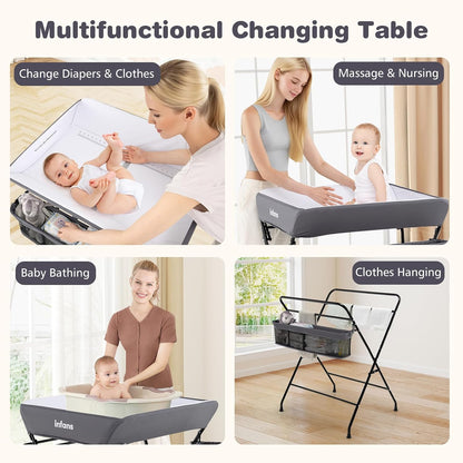 Baby Changing Table with Wheels, Portable Folding Diaper Station Nursery Organizer with Storage Basket, Hanging Rack, Adjustable Height, Safety Belt for Newborn Infant (Gray)