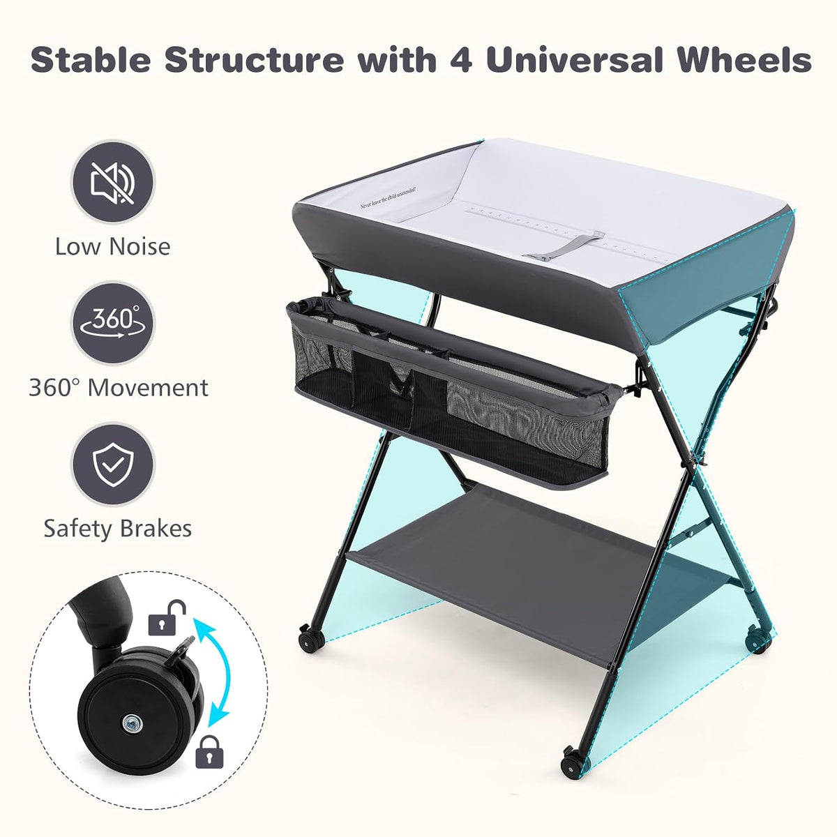 Baby Changing Table with Wheels, Portable Folding Diaper Station Nursery Organizer with Storage Basket, Hanging Rack, Adjustable Height, Safety Belt for Newborn Infant (Gray)