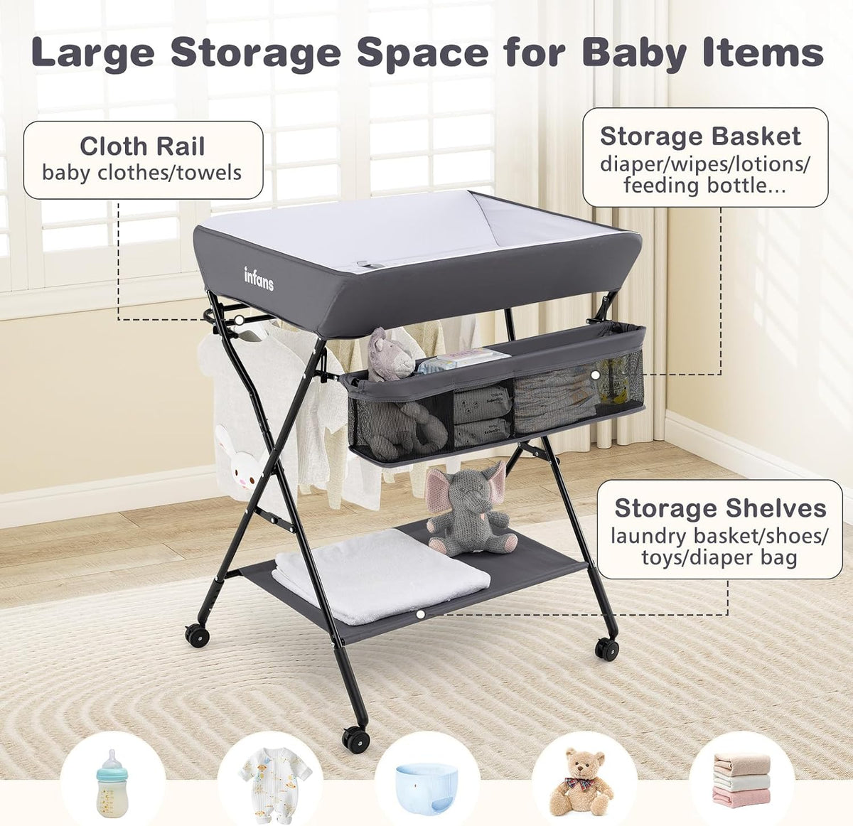 Baby Changing Table with Wheels, Portable Folding Diaper Station Nursery Organizer with Storage Basket, Hanging Rack, Adjustable Height, Safety Belt for Newborn Infant (Gray)