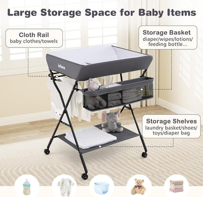 Baby Changing Table with Wheels, Portable Folding Diaper Station Nursery Organizer with Storage Basket, Hanging Rack, Adjustable Height, Safety Belt for Newborn Infant (Gray)