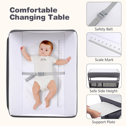 Baby Changing Table with Wheels, Portable Folding Diaper Station Nursery Organizer with Storage Basket, Hanging Rack, Adjustable Height, Safety Belt for Newborn Infant (Gray)