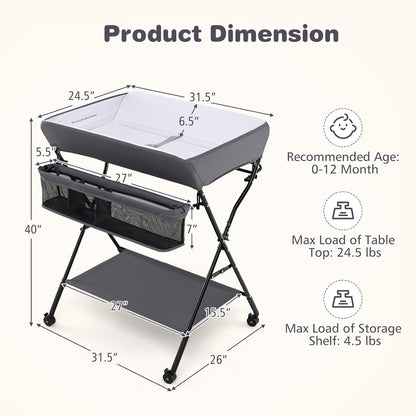 Baby Changing Table with Wheels, Portable Folding Diaper Station Nursery Organizer with Storage Basket, Hanging Rack, Adjustable Height, Safety Belt for Newborn Infant (Gray)