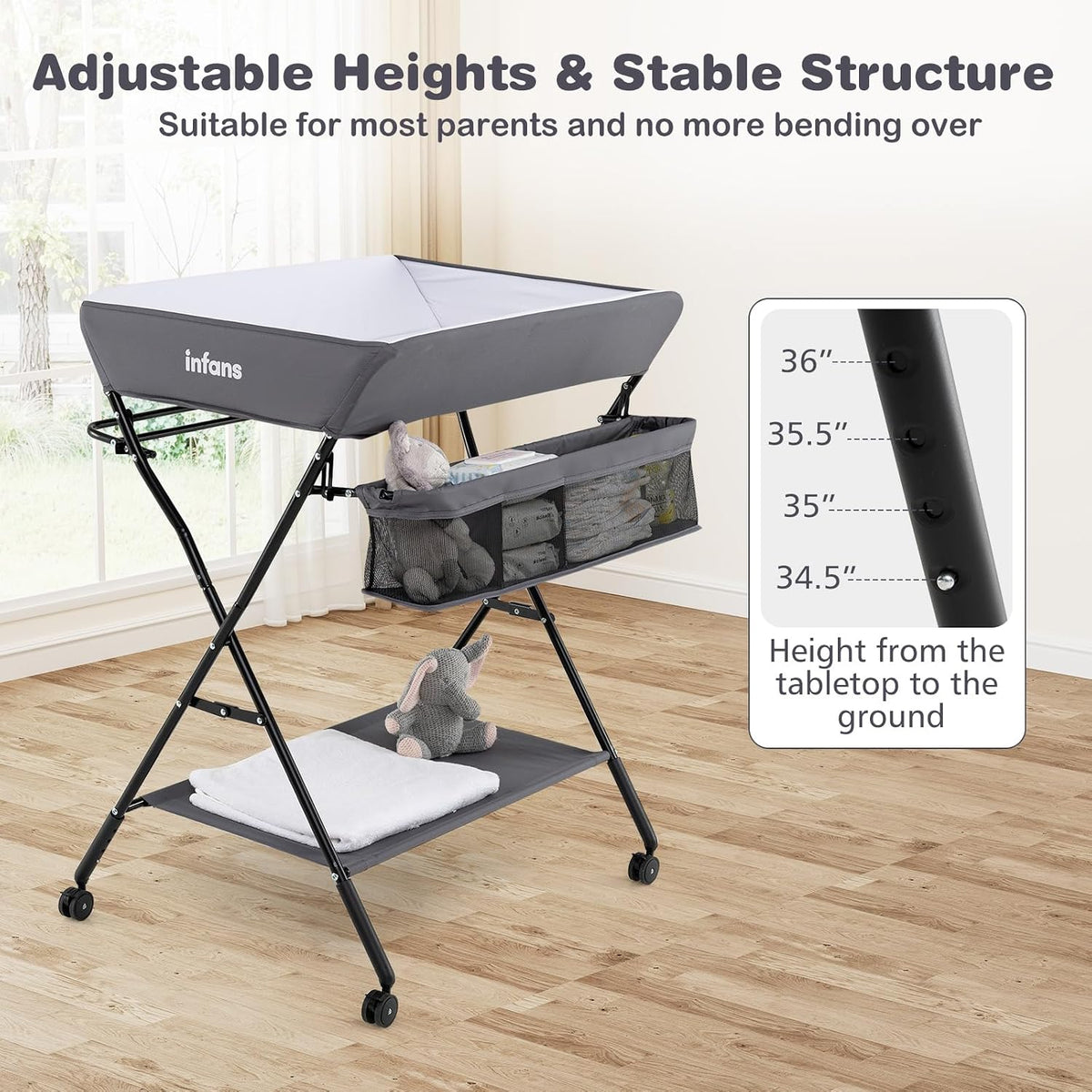Baby Changing Table with Wheels, Portable Folding Diaper Station Nursery Organizer with Storage Basket, Hanging Rack, Adjustable Height, Safety Belt for Newborn Infant (Gray)