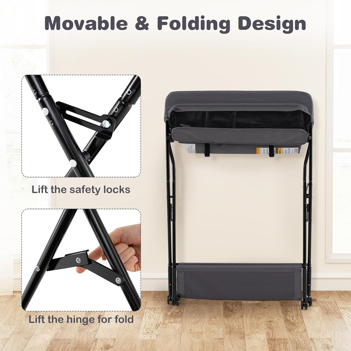 Baby Changing Table with Wheels, Portable Folding Diaper Station Nursery Organizer with Storage Basket, Hanging Rack, Adjustable Height, Safety Belt for Newborn Infant (Gray)