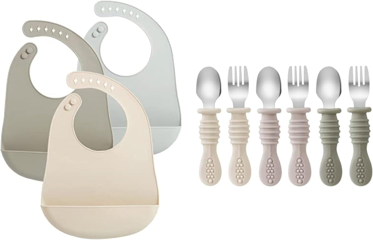 Silicone Baby Bibs & 6 Pack Toddler Fork and Spoon Utensil