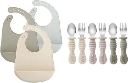 Silicone Baby Bibs & 6 Pack Toddler Fork and Spoon Utensil