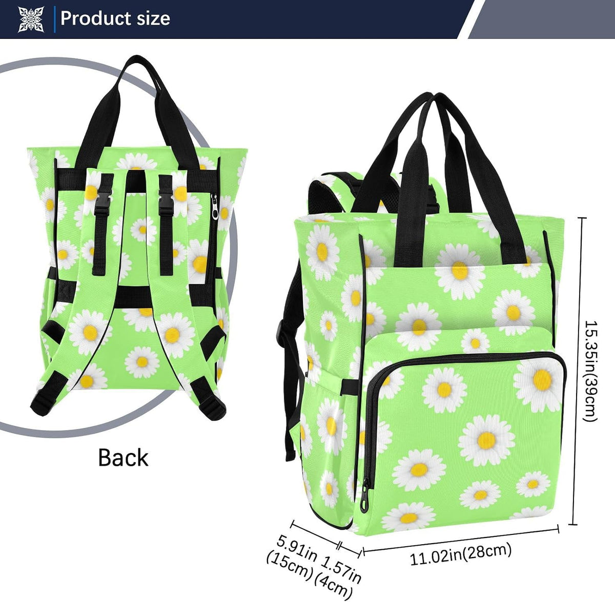 Diaper Bag Backpack, Multifunction Travel Bag for Moms Dads, Baby Changing Bag with Insulted Pockets, Stroller Straps and Side Bottle Pockets Fresh Daisy Pattern