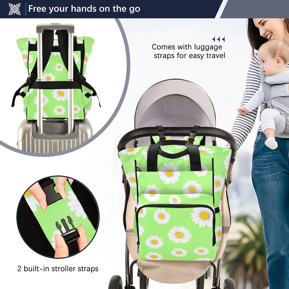 Diaper Bag Backpack, Multifunction Travel Bag for Moms Dads, Baby Changing Bag with Insulted Pockets, Stroller Straps and Side Bottle Pockets Fresh Daisy Pattern