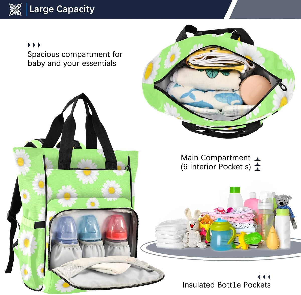 Diaper Bag Backpack, Multifunction Travel Bag for Moms Dads, Baby Changing Bag with Insulted Pockets, Stroller Straps and Side Bottle Pockets Fresh Daisy Pattern