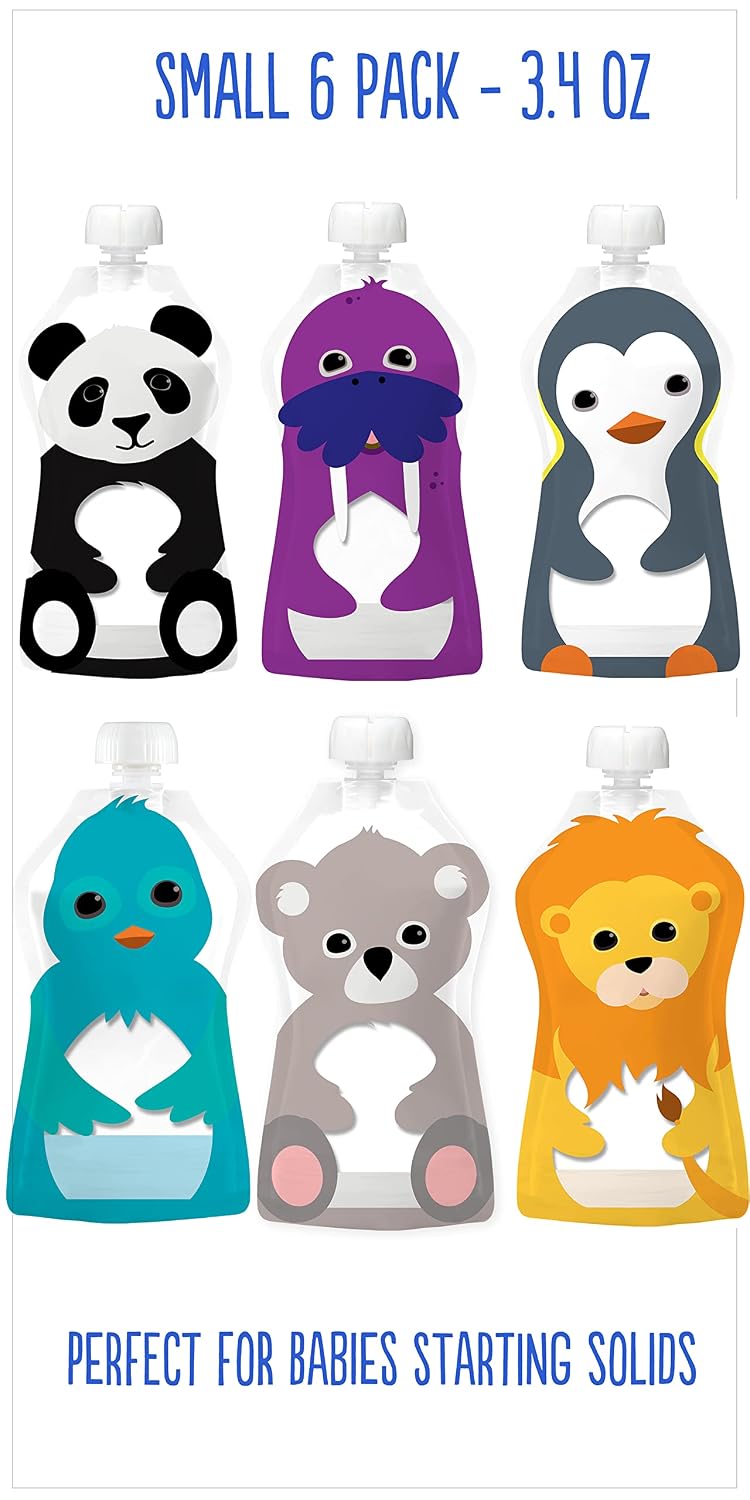 Reusable Baby Food Pouches, 6 Pack, 5oz, Assorted Animals