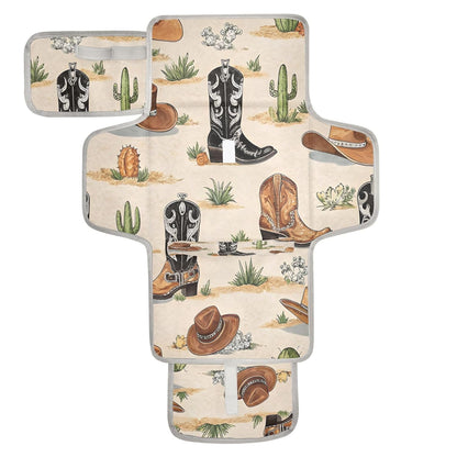 Wester Cowboy Boots Portable Diaper Changing Pad, Waterproof Baby Changing Mat with Storage Pocket & Built-in Pillow, Foldable Travel Pad, Newborn Gift Set for Boy Girl