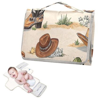 Wester Cowboy Boots Portable Diaper Changing Pad, Waterproof Baby Changing Mat with Storage Pocket & Built-in Pillow, Foldable Travel Pad, Newborn Gift Set for Boy Girl