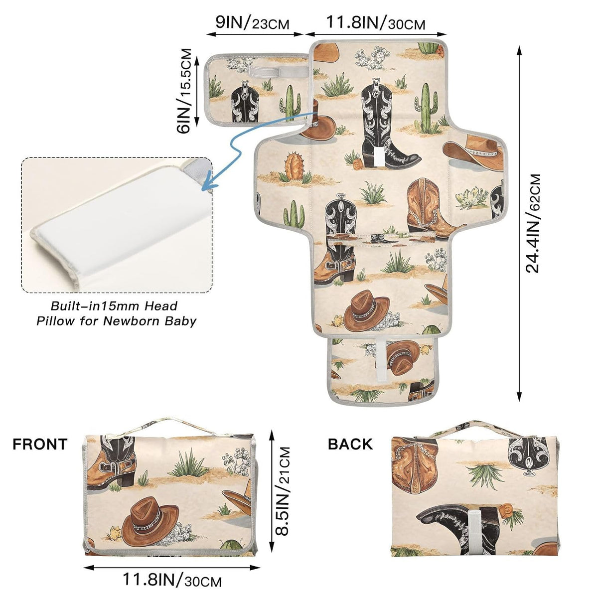 Wester Cowboy Boots Portable Diaper Changing Pad, Waterproof Baby Changing Mat with Storage Pocket & Built-in Pillow, Foldable Travel Pad, Newborn Gift Set for Boy Girl