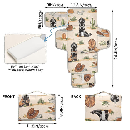 Wester Cowboy Boots Portable Diaper Changing Pad, Waterproof Baby Changing Mat with Storage Pocket & Built-in Pillow, Foldable Travel Pad, Newborn Gift Set for Boy Girl