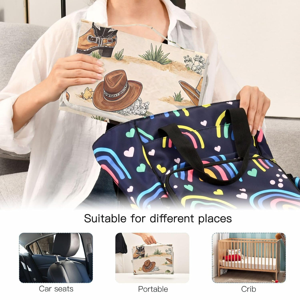 Wester Cowboy Boots Portable Diaper Changing Pad, Waterproof Baby Changing Mat with Storage Pocket & Built-in Pillow, Foldable Travel Pad, Newborn Gift Set for Boy Girl