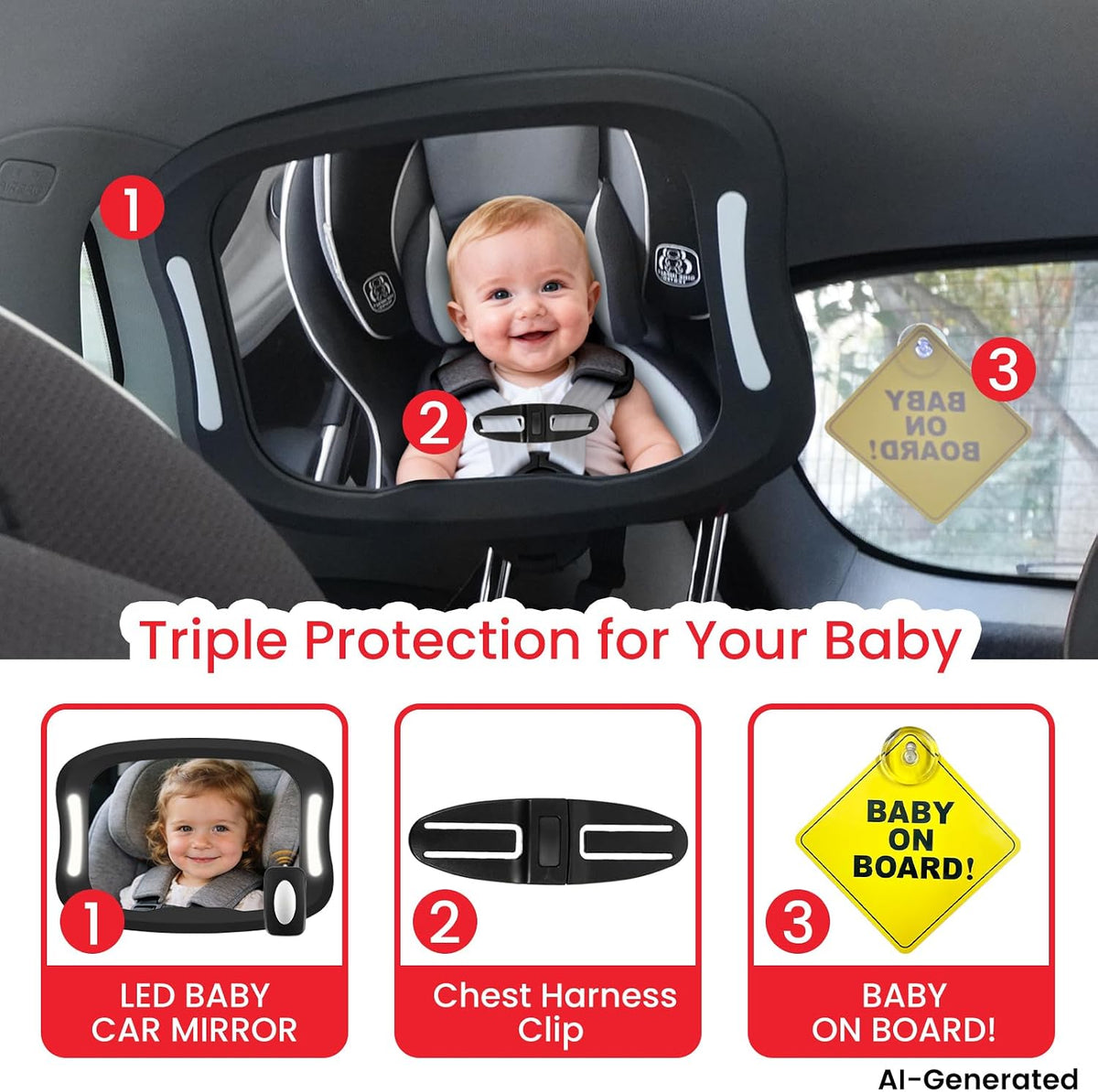 Baby Car Mirror with LED Light & Remote Control