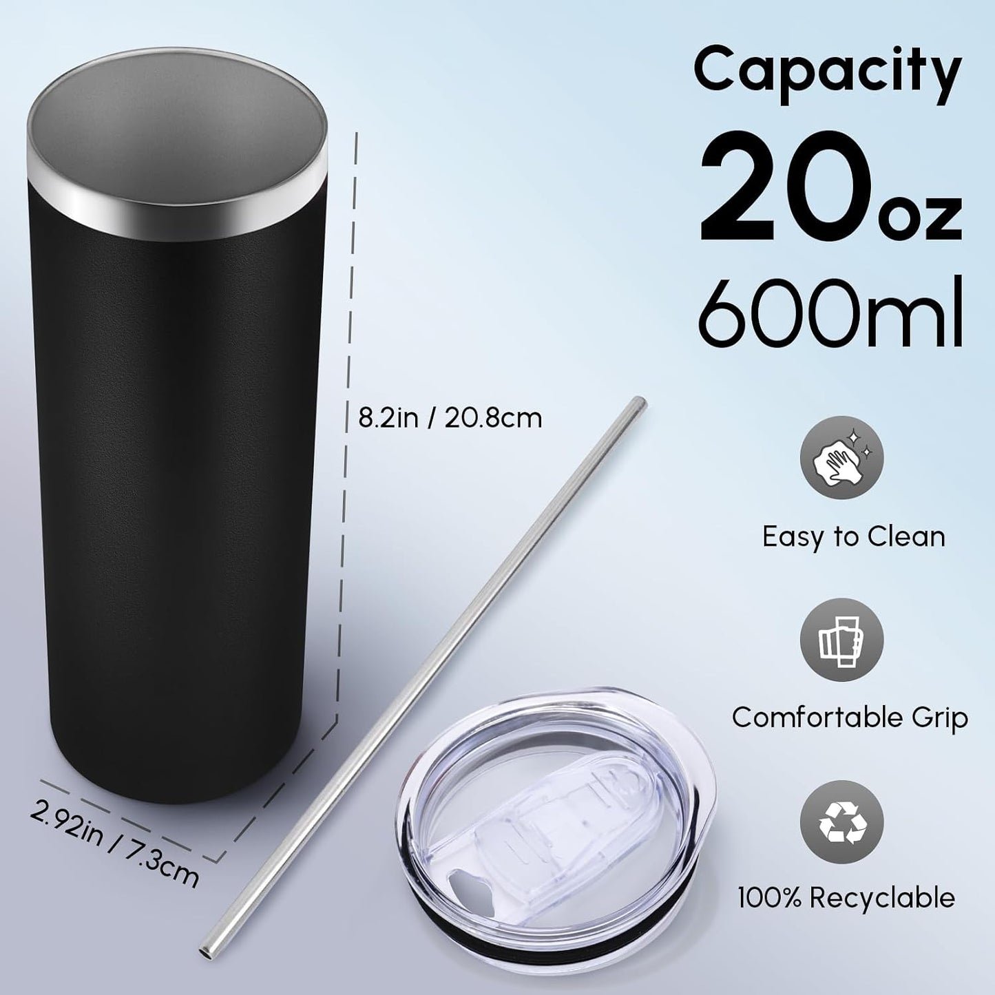 Volhoply 20 oz Skinny Tumbler with Lid and Straw, Stainless Steel Straight Tumblers Cup, Vacuum Insulated Coffee Mug for Home, Office, Travel, DIY (Navy,1 Pack)