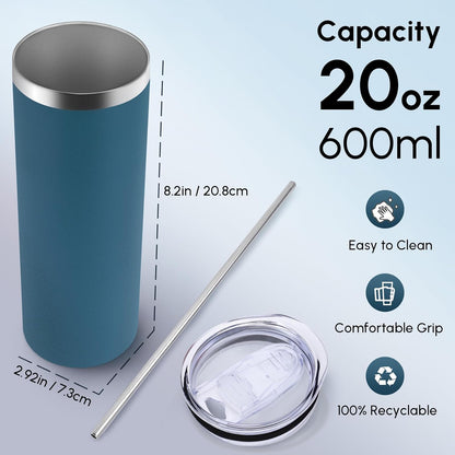 Volhoply 20 oz Skinny Tumbler with Lid and Straw, Stainless Steel Straight Tumblers Cup, Vacuum Insulated Coffee Mug for Home, Office, Travel, DIY (Navy,1 Pack)