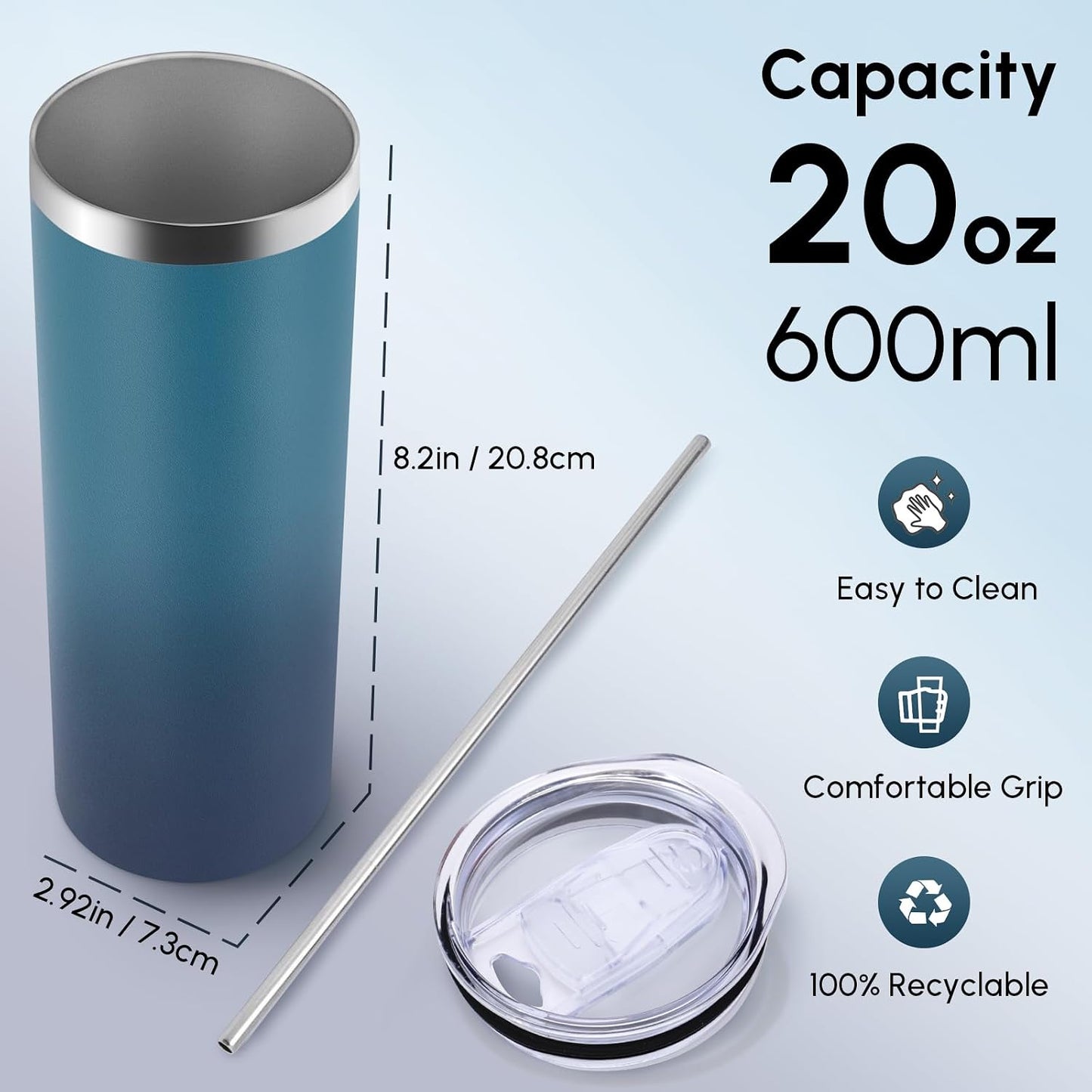 Volhoply 20 oz Skinny Tumbler with Lid and Straw, Stainless Steel Straight Tumblers Cup, Vacuum Insulated Coffee Mug for Home, Office, Travel, DIY (Navy,1 Pack)