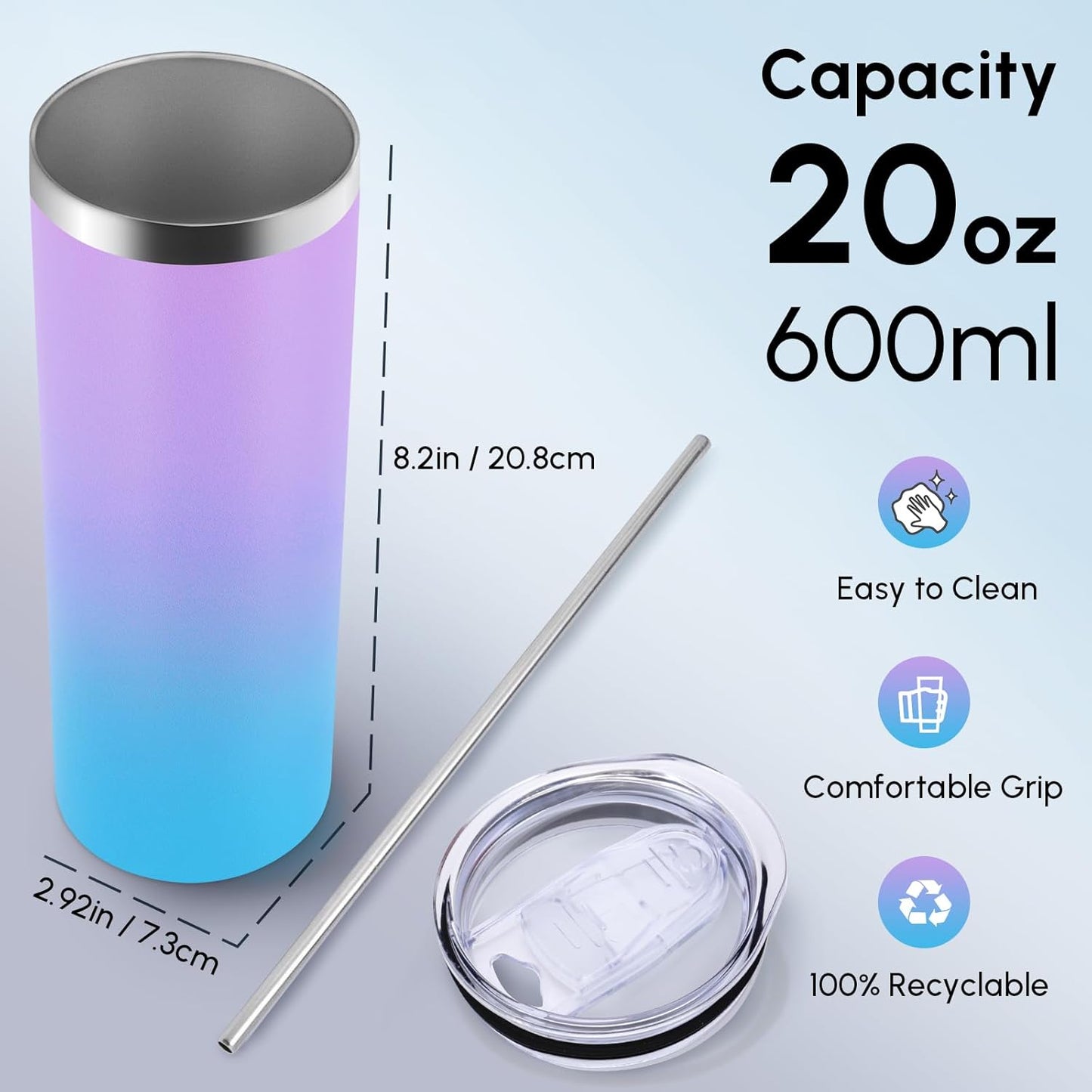Volhoply 20 oz Skinny Tumbler with Lid and Straw, Stainless Steel Straight Tumblers Cup, Vacuum Insulated Coffee Mug for Home, Office, Travel, DIY (Navy,1 Pack)