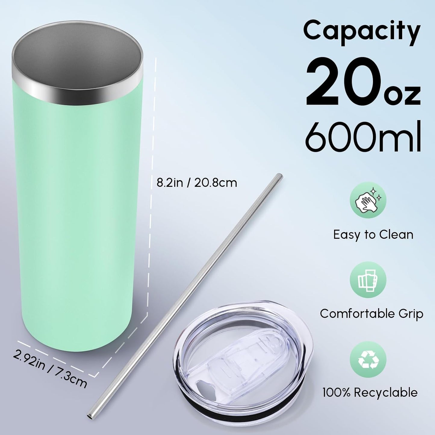 Volhoply 20 oz Skinny Tumbler with Lid and Straw, Stainless Steel Straight Tumblers Cup, Vacuum Insulated Coffee Mug for Home, Office, Travel, DIY (Navy,1 Pack)