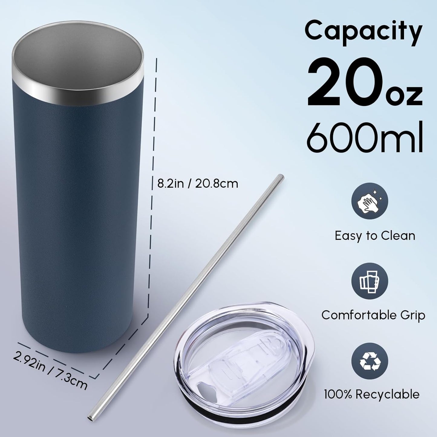 Volhoply 20 oz Skinny Tumbler with Lid and Straw, Stainless Steel Straight Tumblers Cup, Vacuum Insulated Coffee Mug for Home, Office, Travel, DIY (Navy,1 Pack)