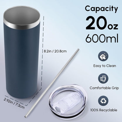 Volhoply 20 oz Skinny Tumbler with Lid and Straw, Stainless Steel Straight Tumblers Cup, Vacuum Insulated Coffee Mug for Home, Office, Travel, DIY (Navy,1 Pack)