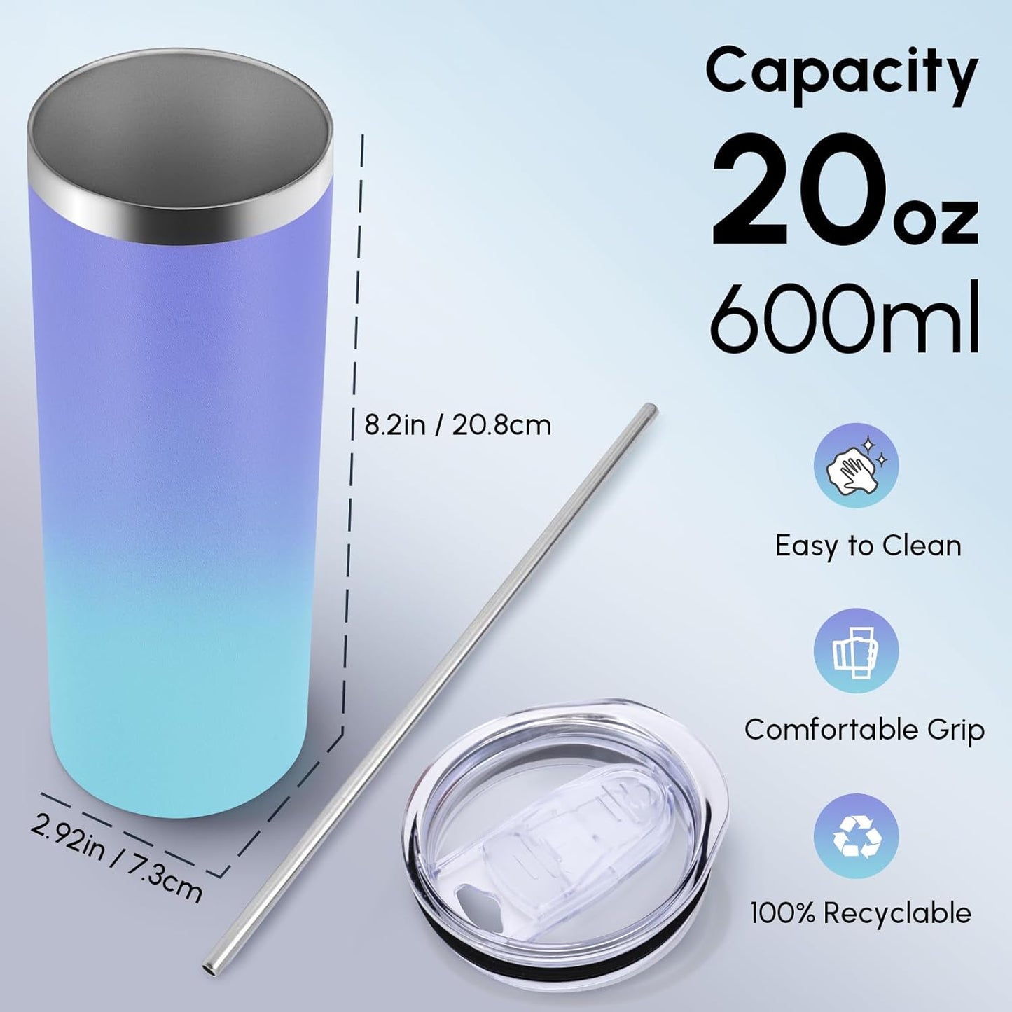 Volhoply 20 oz Skinny Tumbler with Lid and Straw, Stainless Steel Straight Tumblers Cup, Vacuum Insulated Coffee Mug for Home, Office, Travel, DIY (Navy,1 Pack)