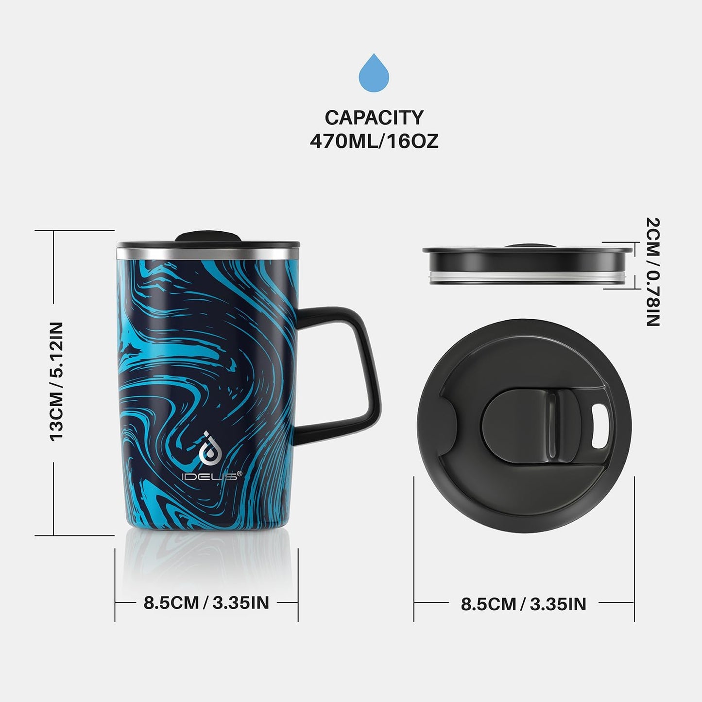 16 oz Insulated Stainless Steel Coffee Mug with Lid, Leopard Blue | 18/8 Stainless Steel | Double Wall Vacuum | 3D Print Finish | Sweat-Free Exterior | Sliding Lid | Ideal for Home & Office