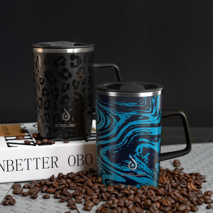 16 oz Insulated Stainless Steel Coffee Mug with Lid, Leopard Blue | 18/8 Stainless Steel | Double Wall Vacuum | 3D Print Finish | Sweat-Free Exterior | Sliding Lid | Ideal for Home & Office