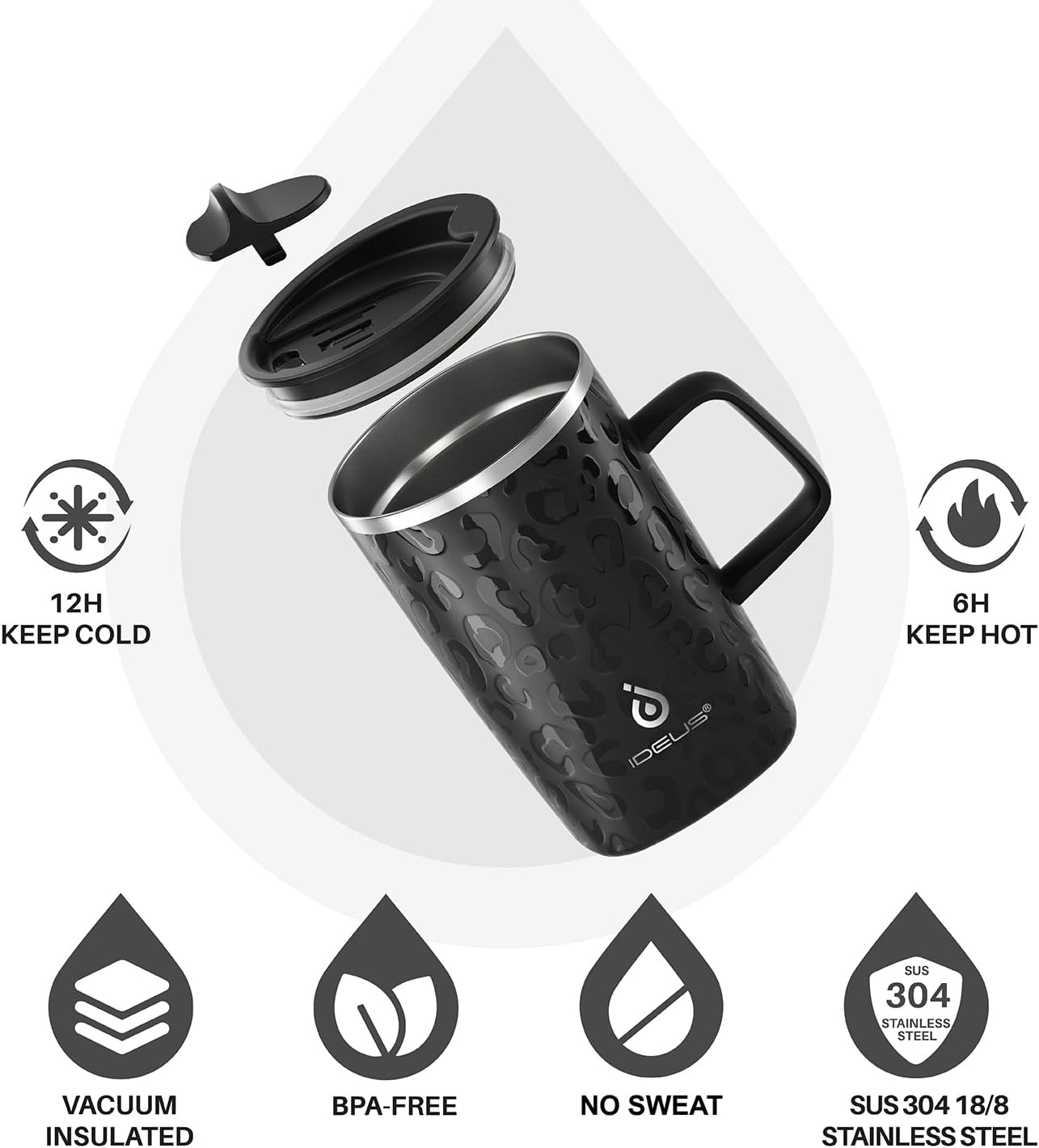 16 oz Insulated Stainless Steel Coffee Mug with Lid, Leopard Blue | 18/8 Stainless Steel | Double Wall Vacuum | 3D Print Finish | Sweat-Free Exterior | Sliding Lid | Ideal for Home & Office