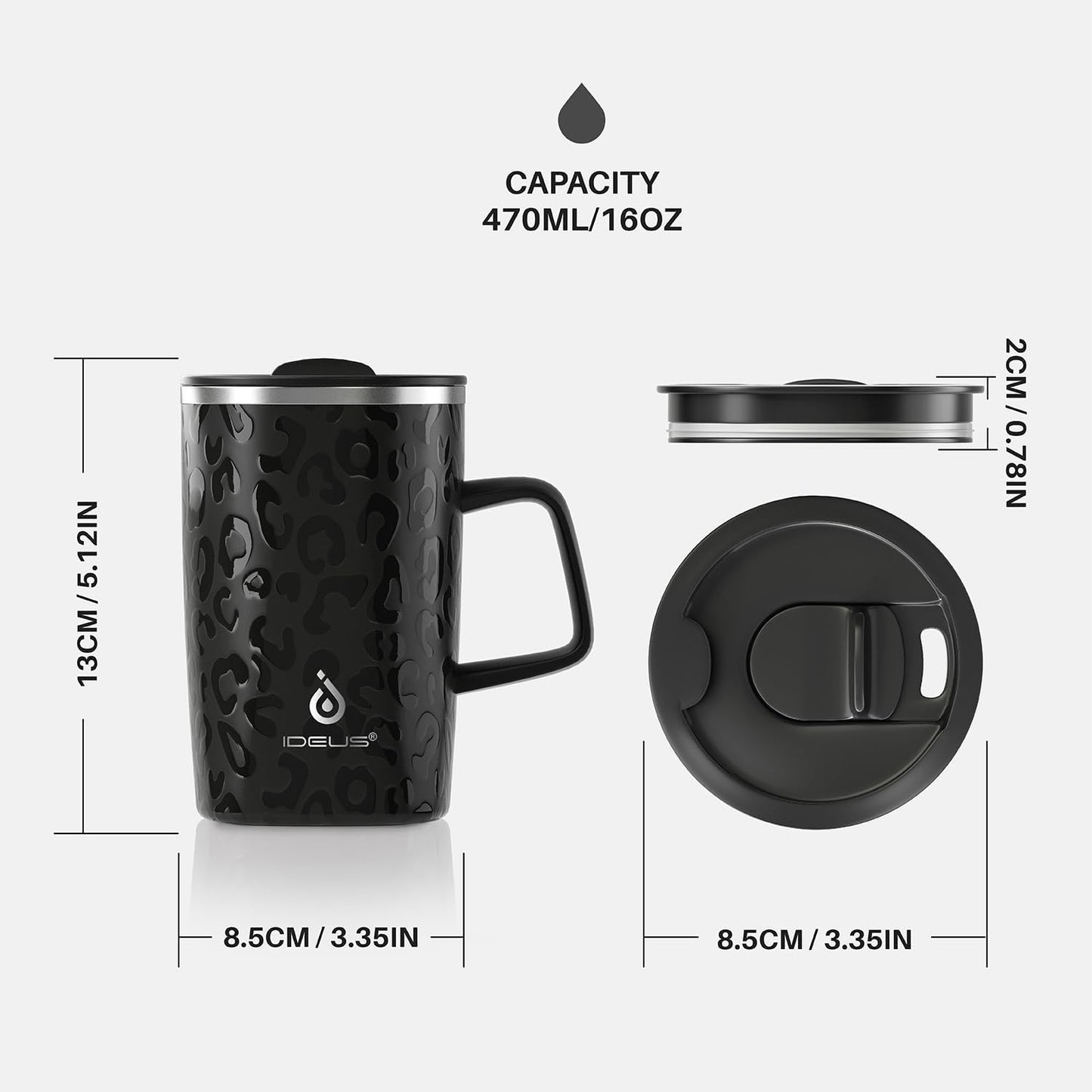 16 oz Insulated Stainless Steel Coffee Mug with Lid, Leopard Blue | 18/8 Stainless Steel | Double Wall Vacuum | 3D Print Finish | Sweat-Free Exterior | Sliding Lid | Ideal for Home & Office