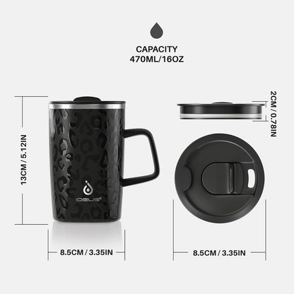 16 oz Insulated Stainless Steel Coffee Mug with Lid, Leopard Blue | 18/8 Stainless Steel | Double Wall Vacuum | 3D Print Finish | Sweat-Free Exterior | Sliding Lid | Ideal for Home & Office