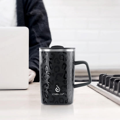 16 oz Insulated Stainless Steel Coffee Mug with Lid, Leopard Blue | 18/8 Stainless Steel | Double Wall Vacuum | 3D Print Finish | Sweat-Free Exterior | Sliding Lid | Ideal for Home & Office