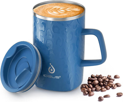 16 oz Insulated Stainless Steel Coffee Mug with Lid, Leopard Blue | 18/8 Stainless Steel | Double Wall Vacuum | 3D Print Finish | Sweat-Free Exterior | Sliding Lid | Ideal for Home & Office