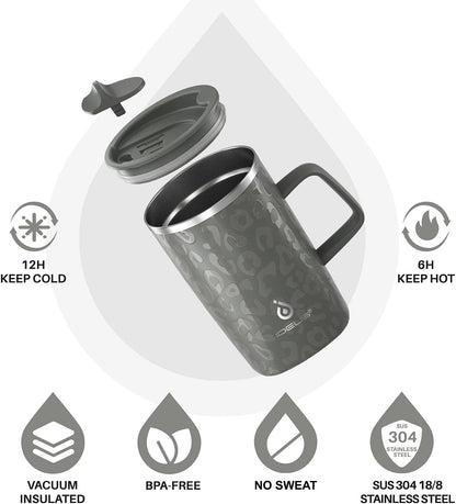16 oz Insulated Stainless Steel Coffee Mug with Lid, Leopard Blue | 18/8 Stainless Steel | Double Wall Vacuum | 3D Print Finish | Sweat-Free Exterior | Sliding Lid | Ideal for Home & Office
