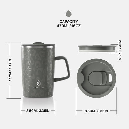 16 oz Insulated Stainless Steel Coffee Mug with Lid, Leopard Blue | 18/8 Stainless Steel | Double Wall Vacuum | 3D Print Finish | Sweat-Free Exterior | Sliding Lid | Ideal for Home & Office