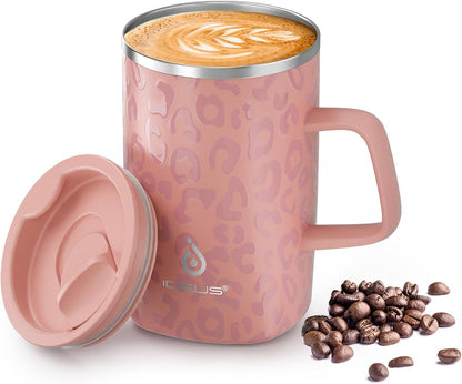 16 oz Insulated Stainless Steel Coffee Mug with Lid, Leopard Blue | 18/8 Stainless Steel | Double Wall Vacuum | 3D Print Finish | Sweat-Free Exterior | Sliding Lid | Ideal for Home & Office