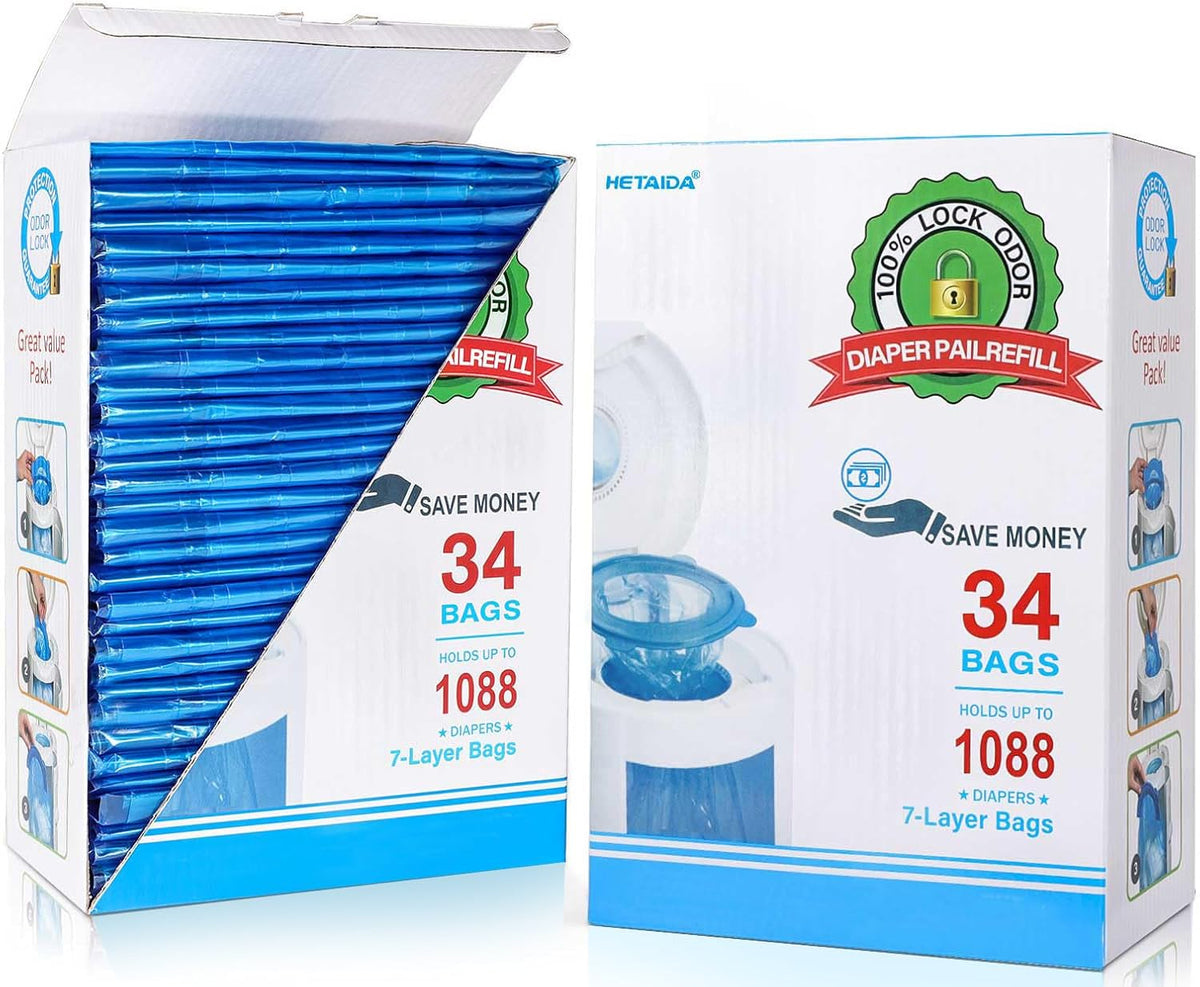 Diaper Pail Refill Bags 34 Bags 1088 Counts Compatible with Arm&Hammer Disposal System, 100% Lock Odor, Seal and Toss Diaper Pail Refills