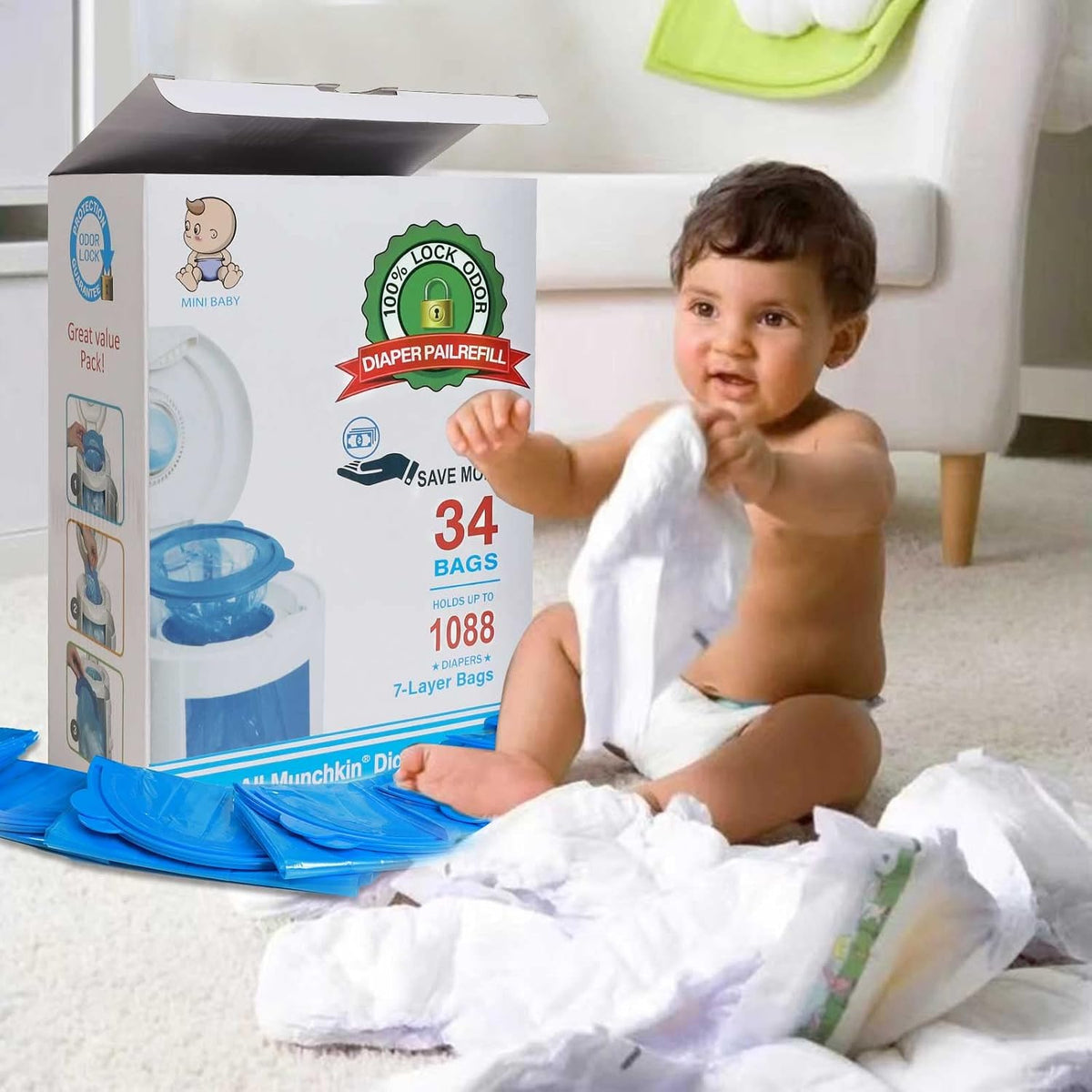 Diaper Pail Refill Bags 34 Bags 1088 Counts Compatible with Arm&Hammer Disposal System, 100% Lock Odor, Seal and Toss Diaper Pail Refills