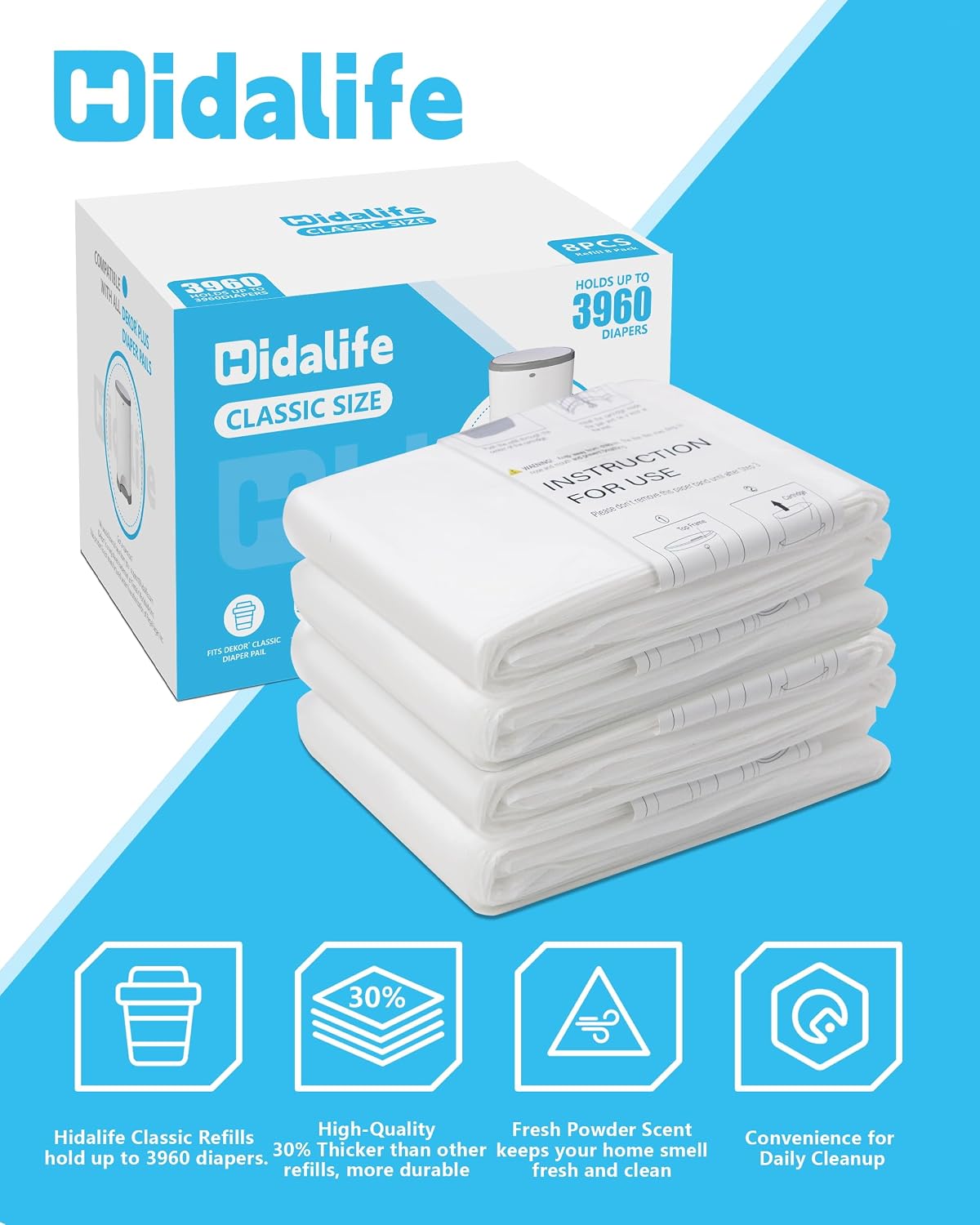 Refills Compatible with Dekor Classic Diaper Pails, Disposable Diaper Trash Bags, Extra Thick Diaper Pail Refill Liners, Hold Up to 3960 Diapers